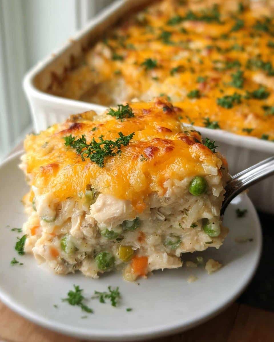 A spoonful of creamy Gluten-Free Chicken and Rice Casserole topped with melted cheddar cheese and parsley.