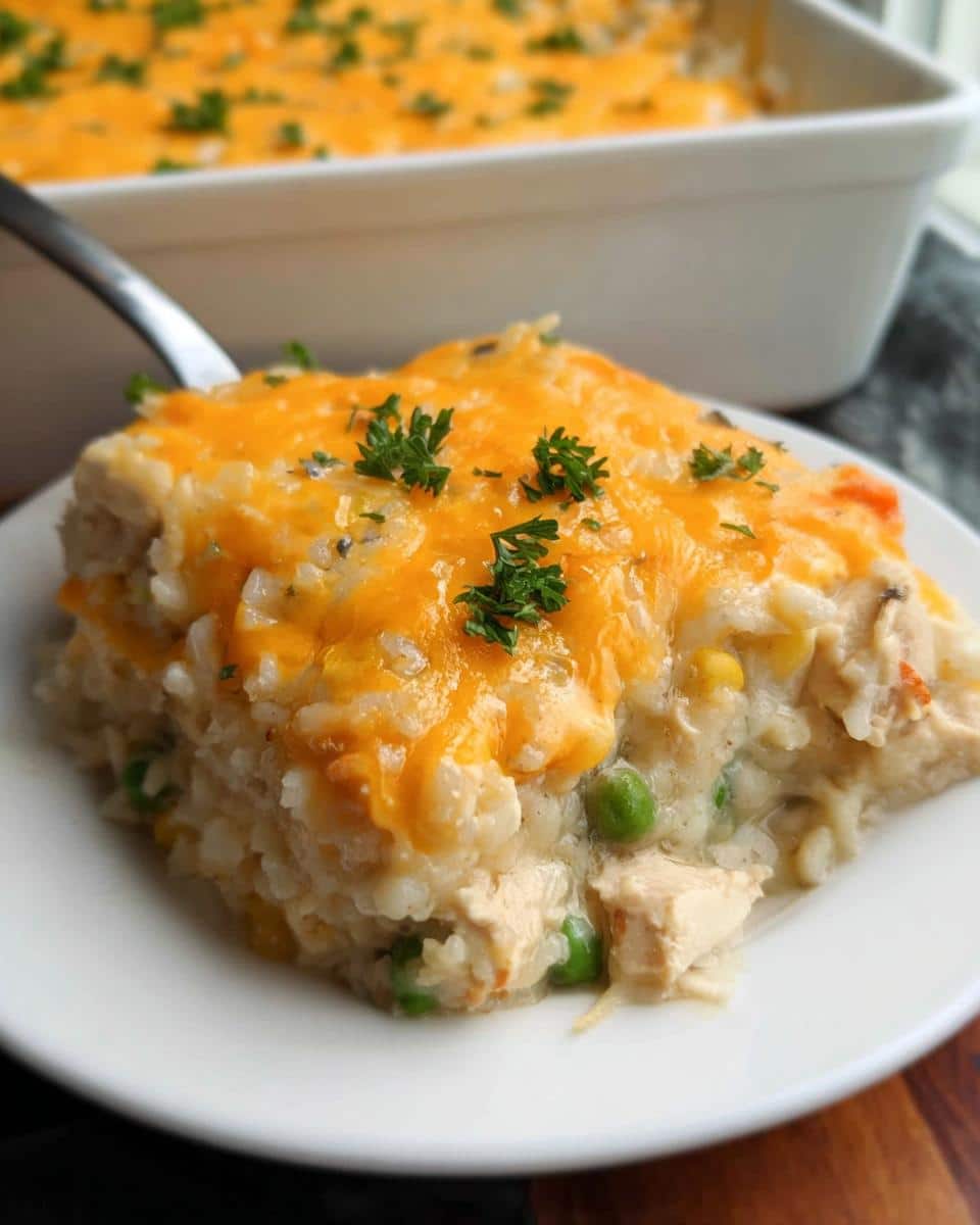 A square serving of creamy Gluten-Free Chicken and Rice Casserole topped with melted cheddar cheese and parsley.