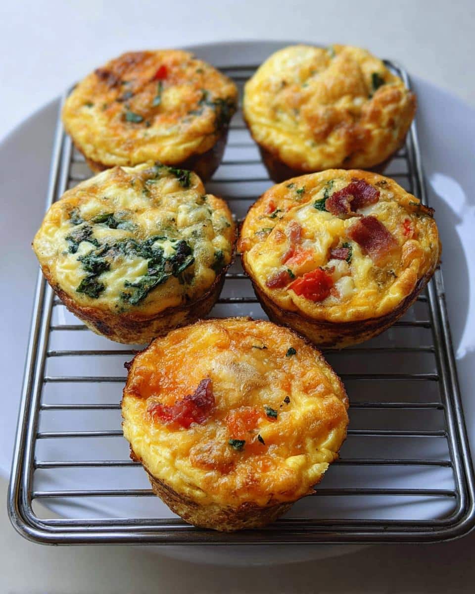 Five freshly baked Gluten-Free Egg Muffins with visible vegetables cooling on a wire rack.