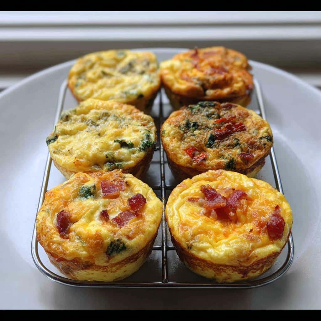 Six freshly baked Gluten-Free Egg Muffins with vegetables and bacon cooling on a wire rack.