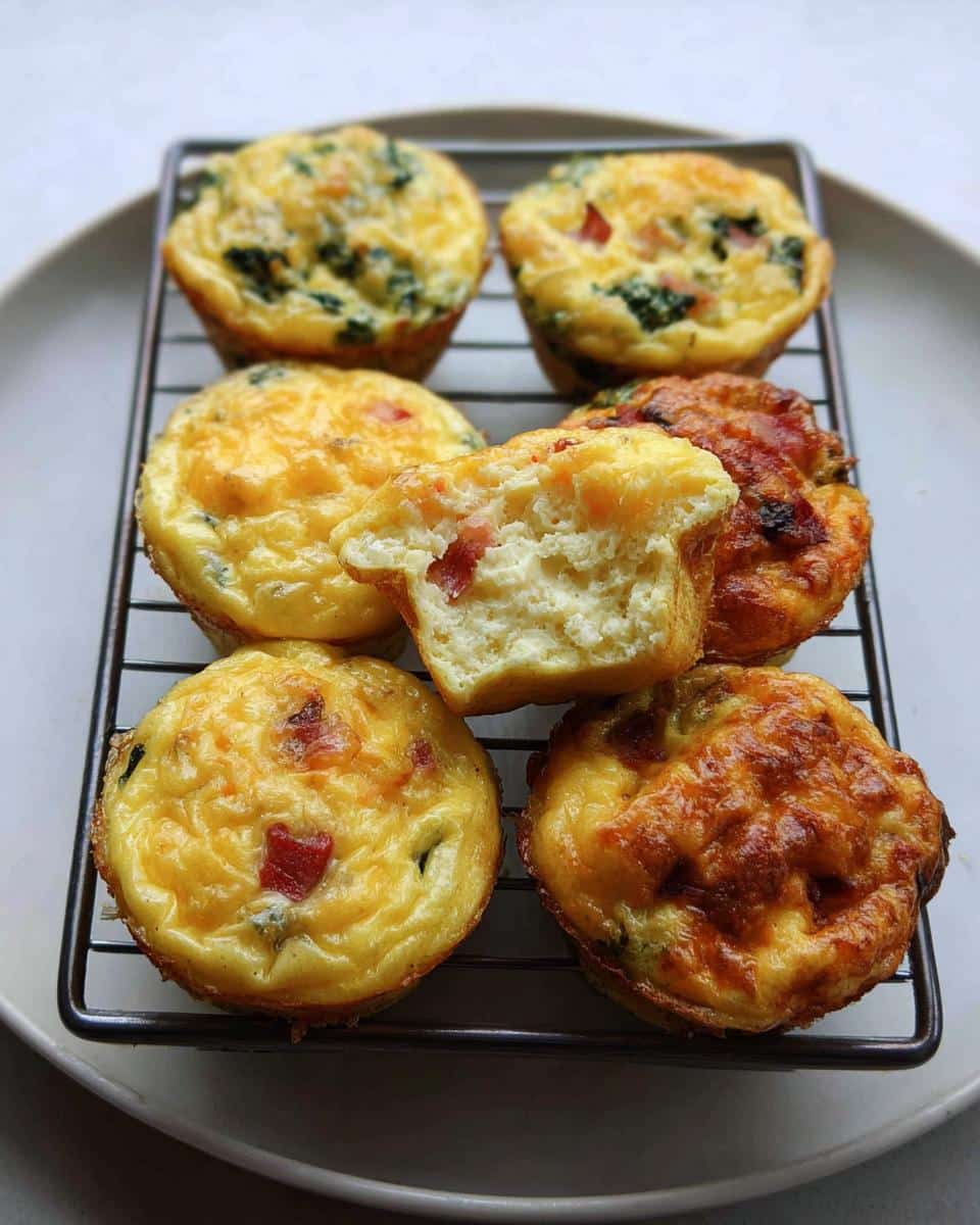A cooling rack holds several Gluten-Free Egg Muffins with vegetables, one muffin is cut open showing the fluffy interior.