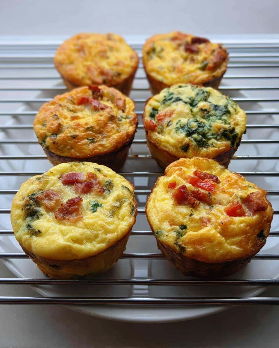 Six freshly baked Gluten-Free Egg Muffins with vegetables and bacon cooling on a wire rack.