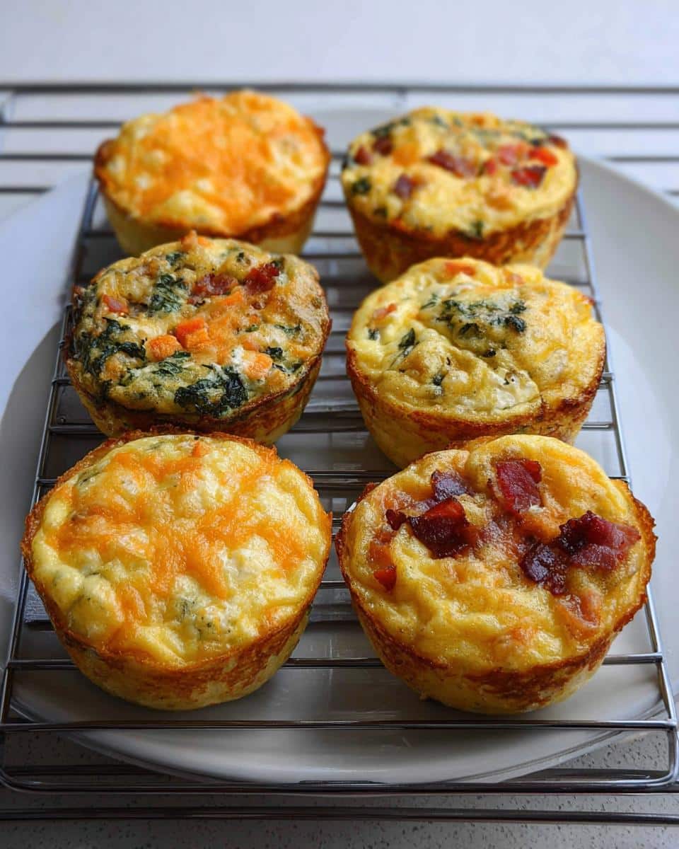 Six freshly baked Gluten-Free Egg Muffins with vegetables cooling on a wire rack, showing cheese and bacon toppings.