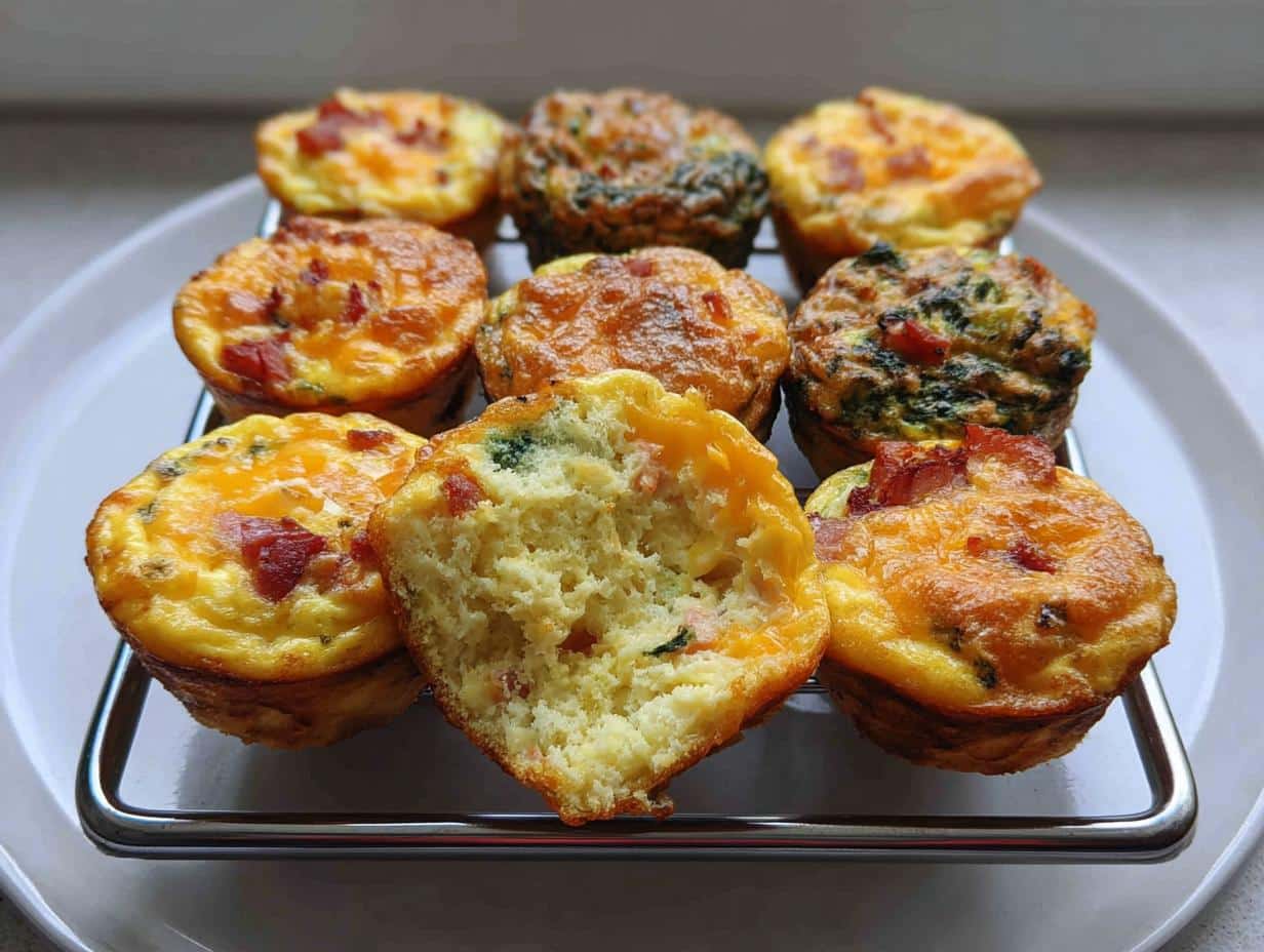 A batch of freshly baked Gluten-Free Egg Muffins with vegetables and bacon cooling on a wire rack.