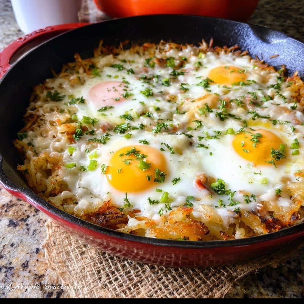 Four sunny-side-up eggs baked over a crispy base of Gluten-Free Hash Brown Breakfast Skillet, topped with melted cheese and fresh parsley.