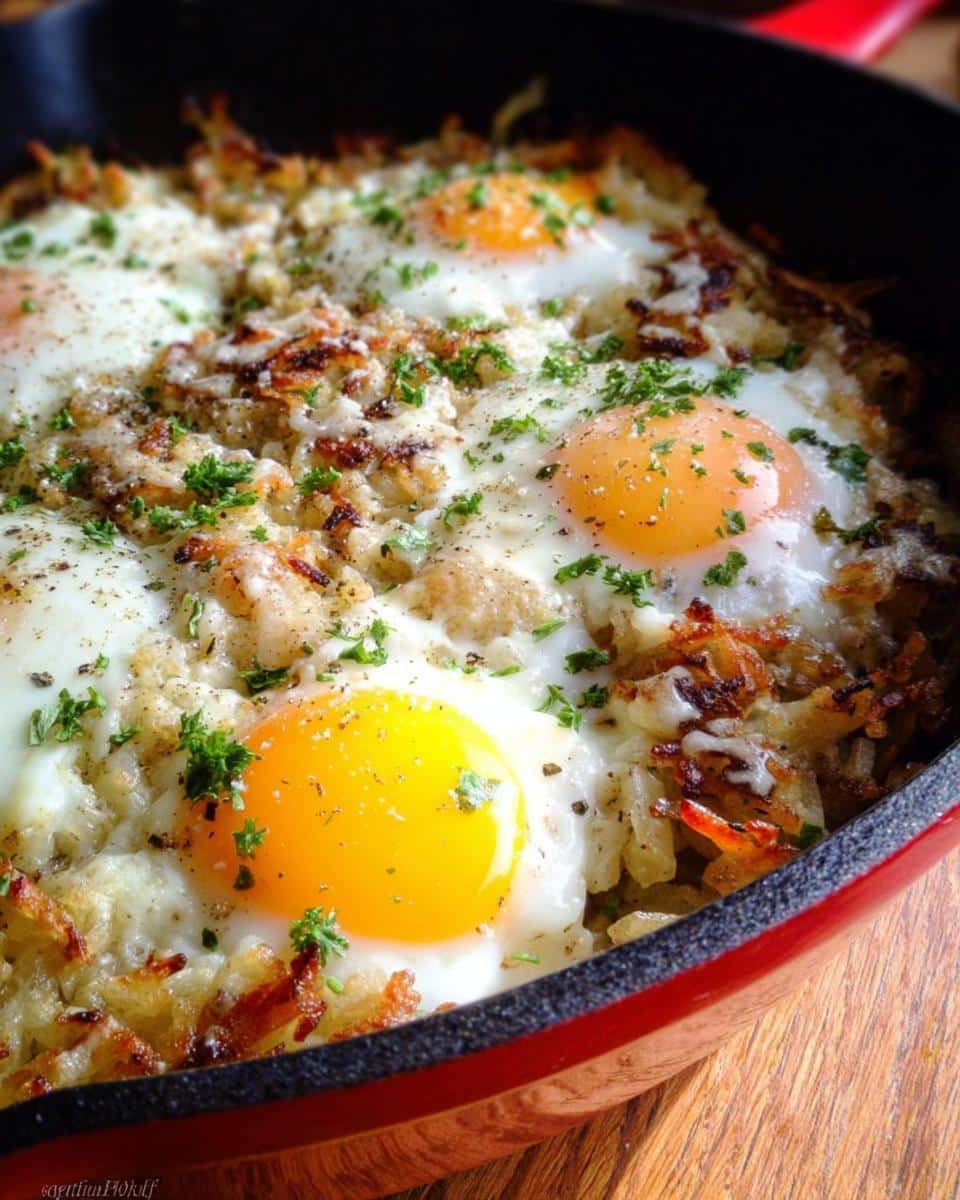 Close-up of baked eggs nestled in a crispy Gluten-Free Hash Brown Breakfast Skillet, topped with cheese and parsley.