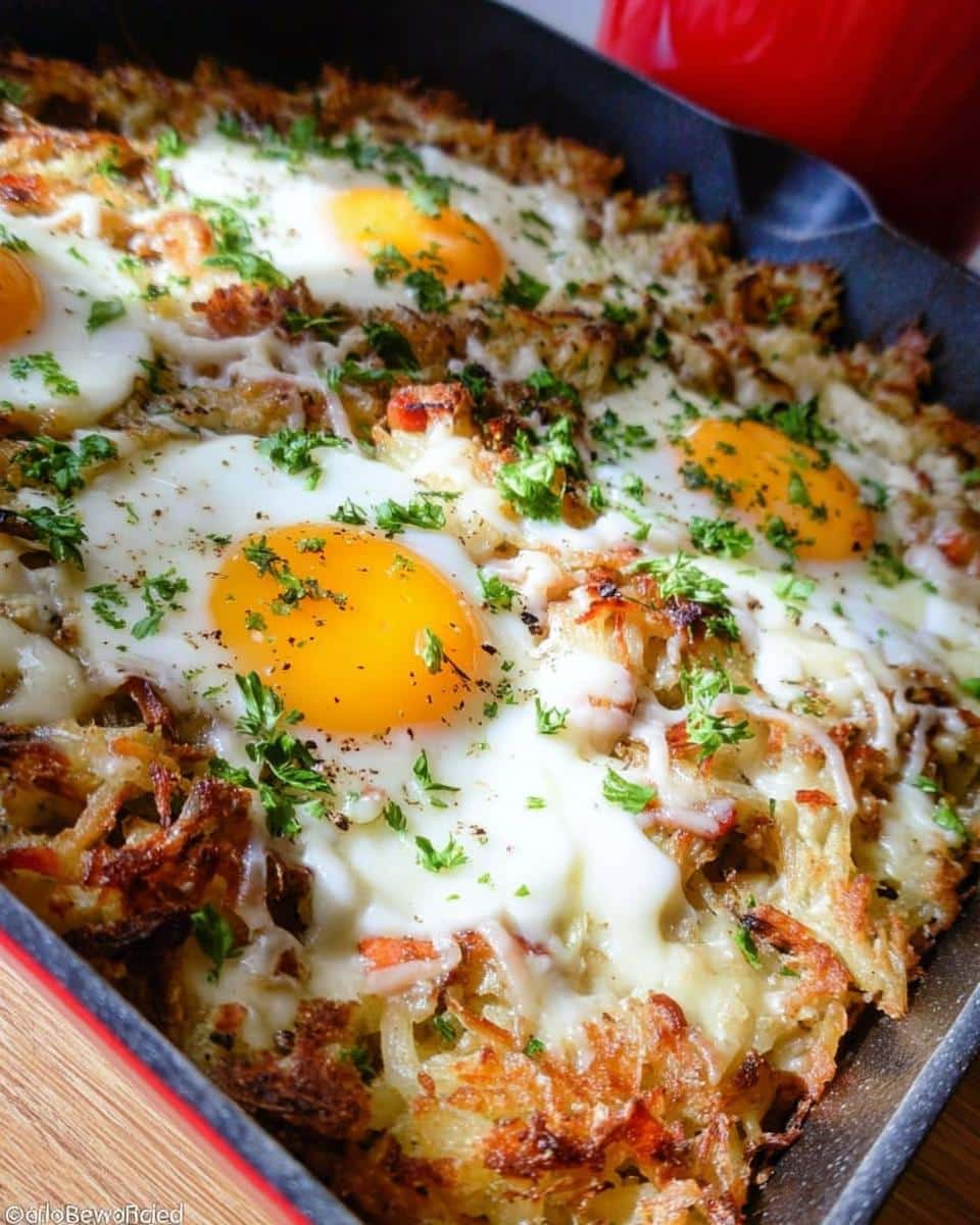 Close-up of a Gluten-Free Hash Brown Breakfast Skillet topped with baked eggs, melted cheese, and fresh parsley.