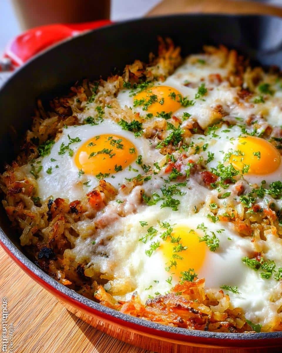 Close-up of a Gluten-Free Hash Brown Breakfast Skillet topped with four sunny-side-up eggs and fresh parsley.