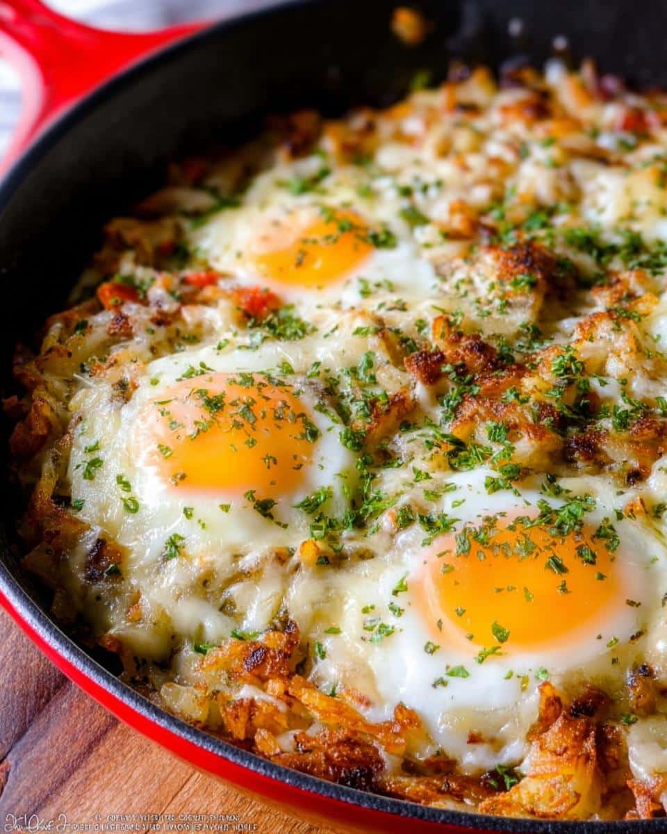 Close-up of a Gluten-Free Hash Brown Breakfast Skillet topped with baked eggs, melted cheese, and fresh parsley.