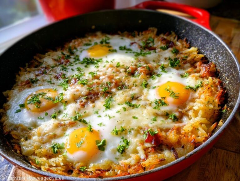 Close-up of a Gluten-Free Hash Brown Breakfast Skillet topped with baked eggs, melted cheese, and fresh parsley.