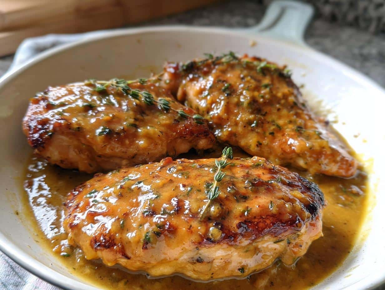 Three pan-seared chicken breasts covered in a thick, glossy Honey Mustard Chicken sauce and garnished with fresh thyme.