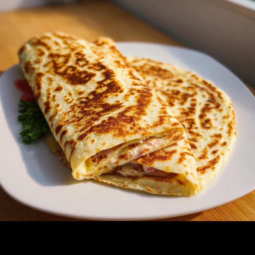 A folded Cottage Cheese Flatbread Wrap showing a creamy filling, served on a white plate with lettuce and tomato garnish.