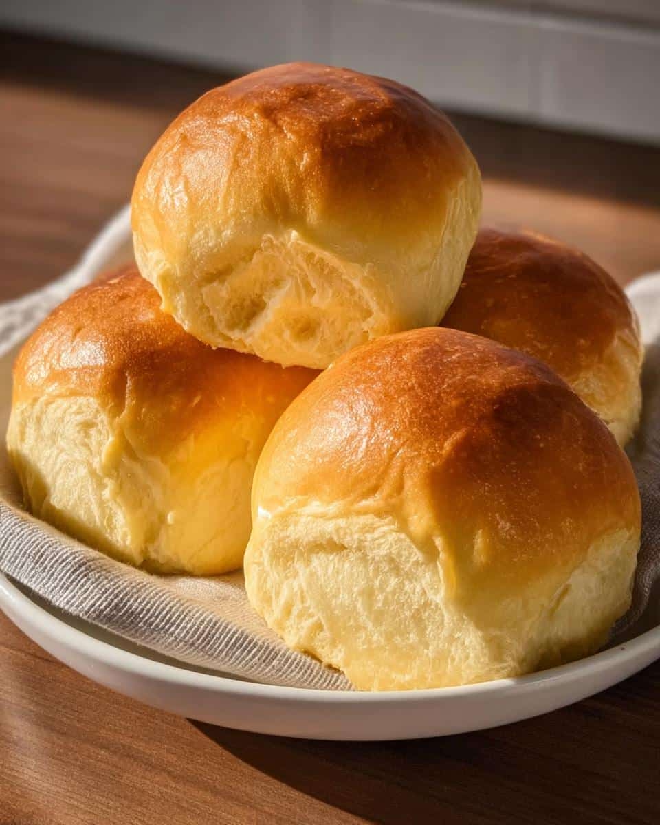 Four golden brown, shiny No-Yeast Dinner Rolls stacked slightly on a white plate lined with a grey cloth.