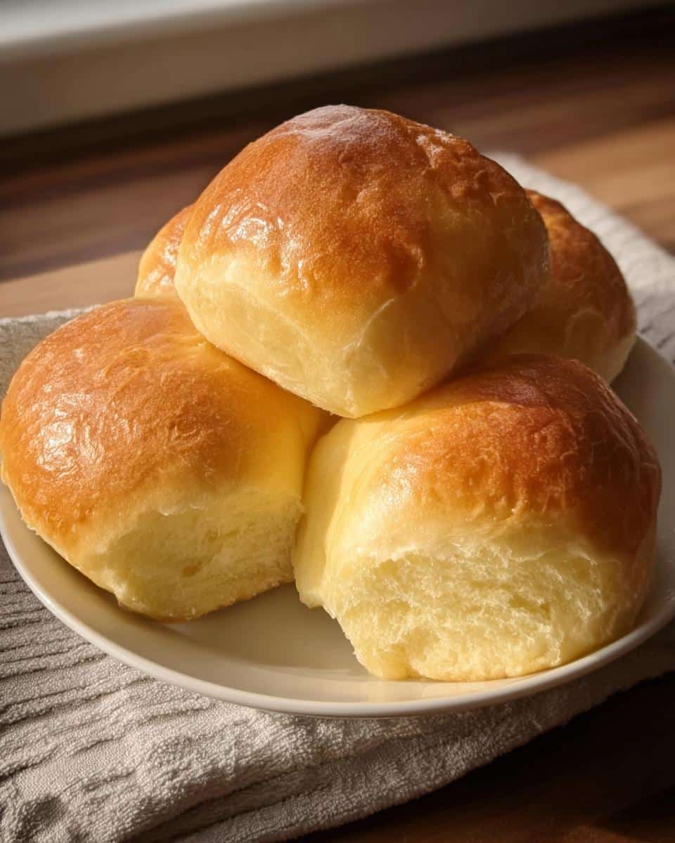 A stack of four golden, shiny No-Yeast Dinner Rolls with a soft interior texture, served on a white plate.