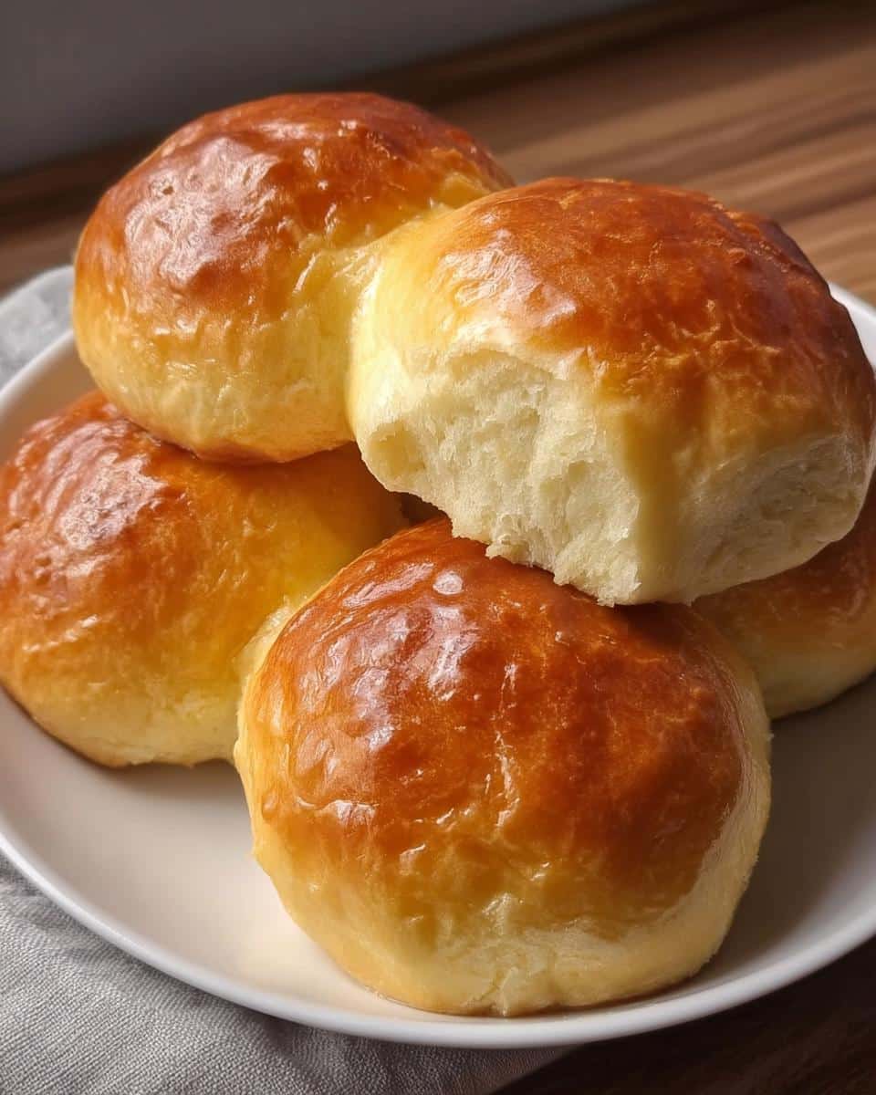 A stack of fluffy, golden brown No-Yeast Dinner Rolls with a shiny glaze served on a white plate.