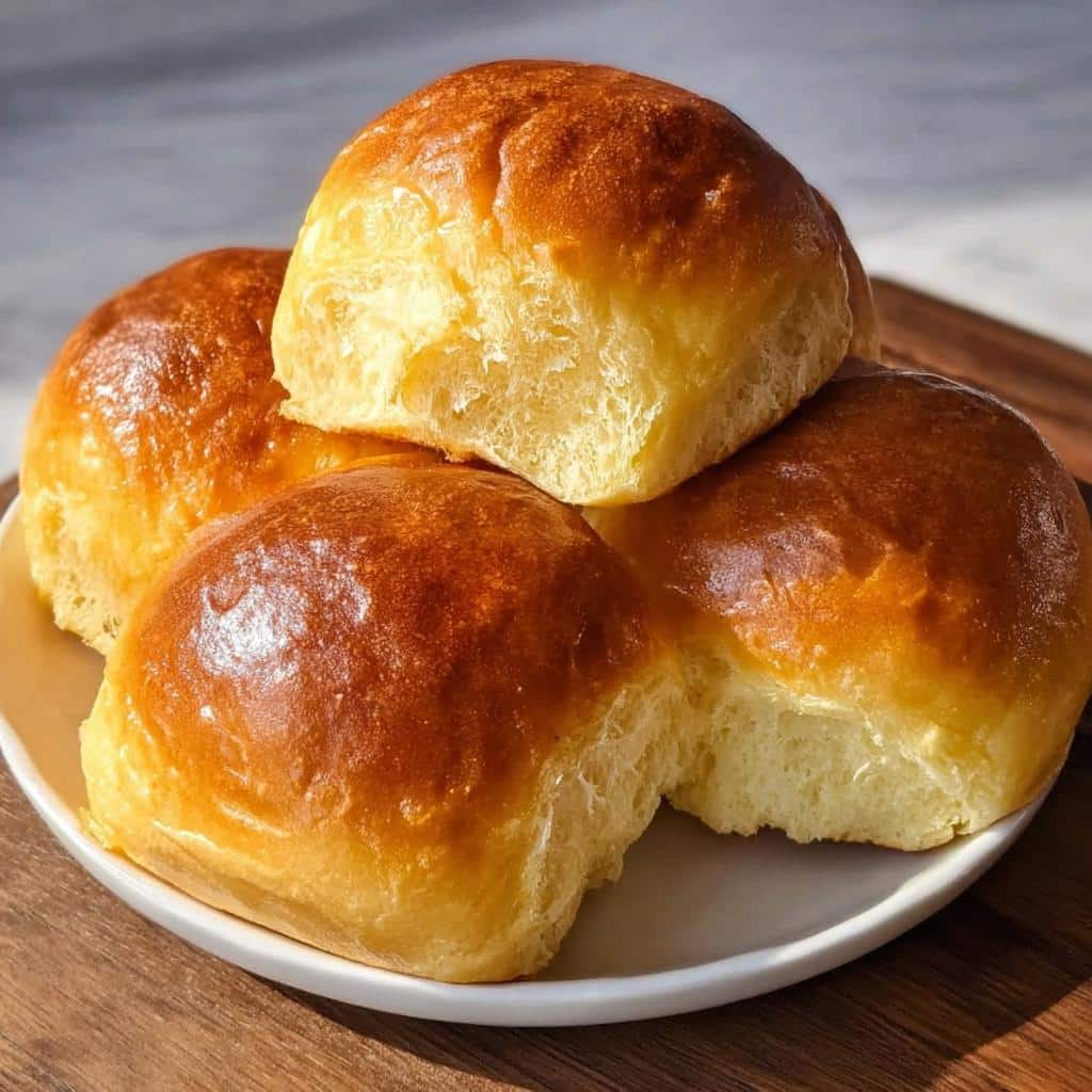 A stack of four golden-brown, shiny No-Yeast Dinner Rolls resting on a small white plate.