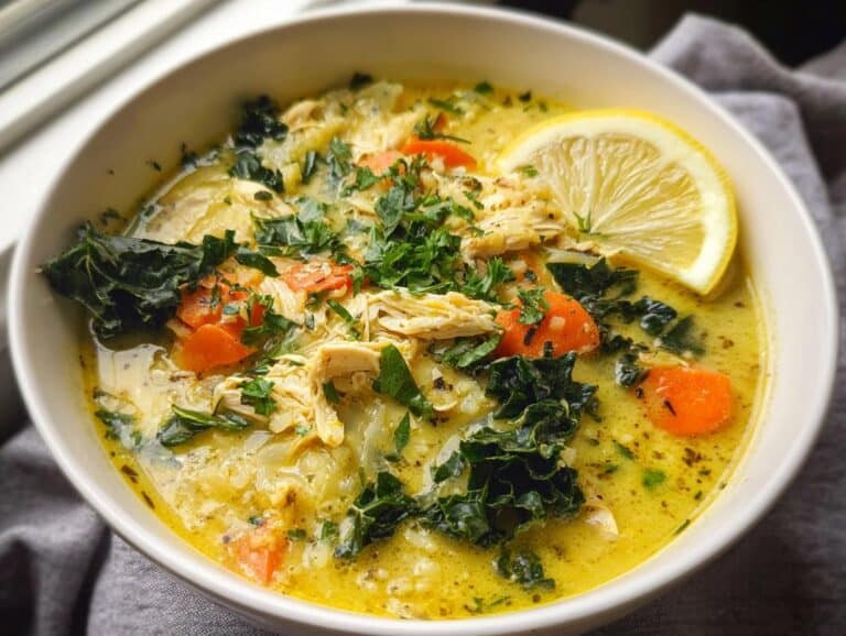 A close-up of a bowl of rich, yellow Greek Lemon Chicken Soup featuring shredded chicken, bright orange carrots, dark green kale, and a lemon slice.