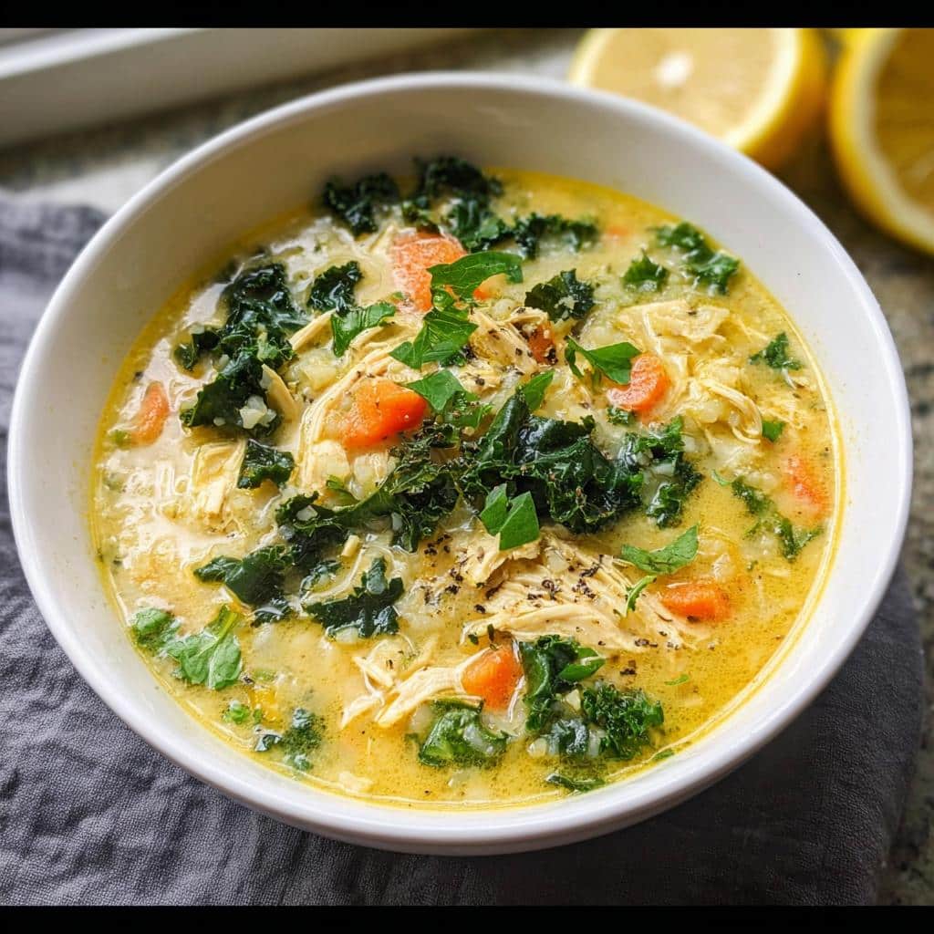 Close-up of a bowl of Greek Lemon Chicken Soup featuring shredded chicken, kale, carrots, and a creamy yellow broth.
