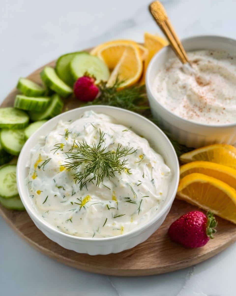 Two bowls of Greek yogurt snack cups dip, one with dill and lemon zest, served with cucumber slices and orange wedges.