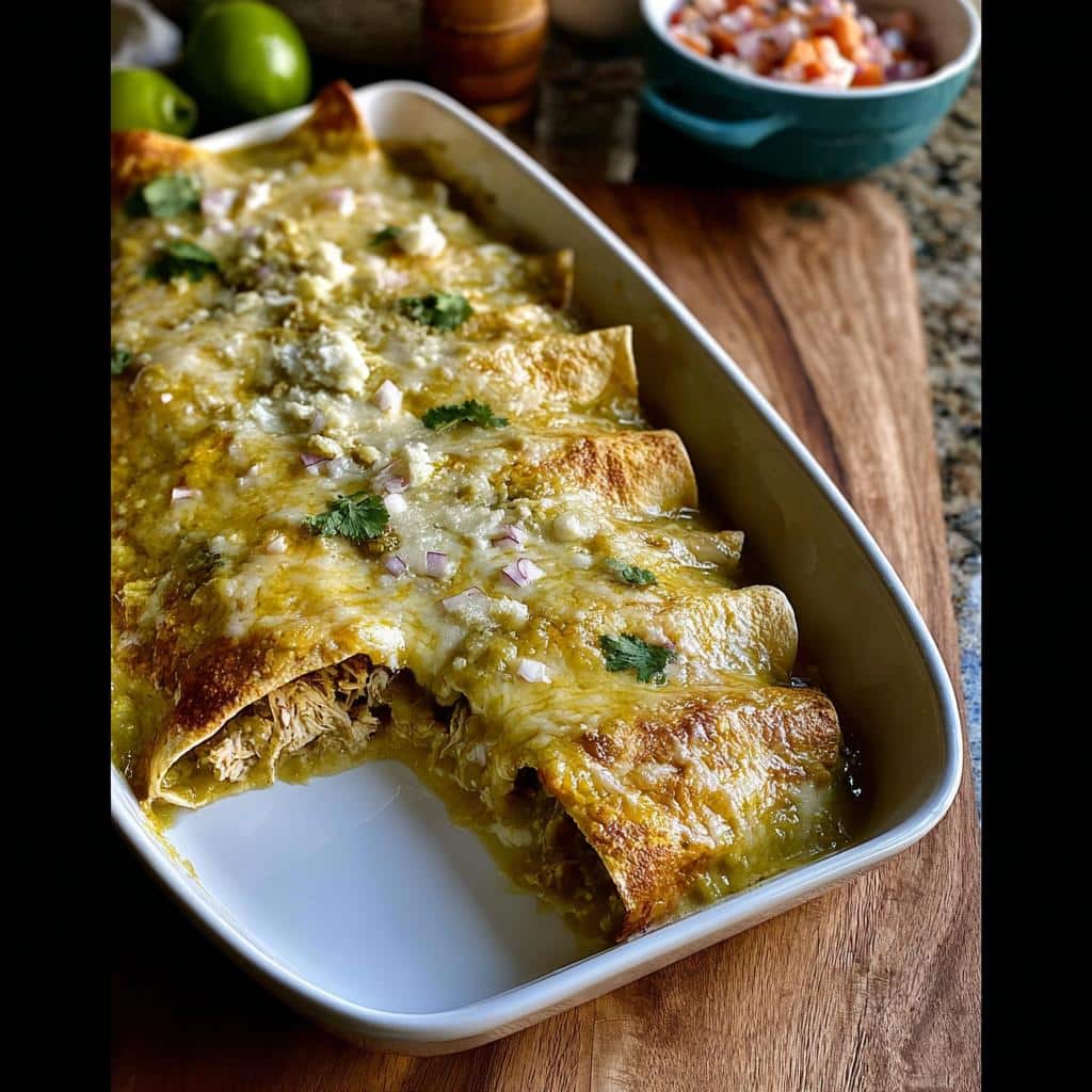 A baking dish full of cheesy Green Chile Chicken Enchiladas, topped with melted cheese and cilantro.