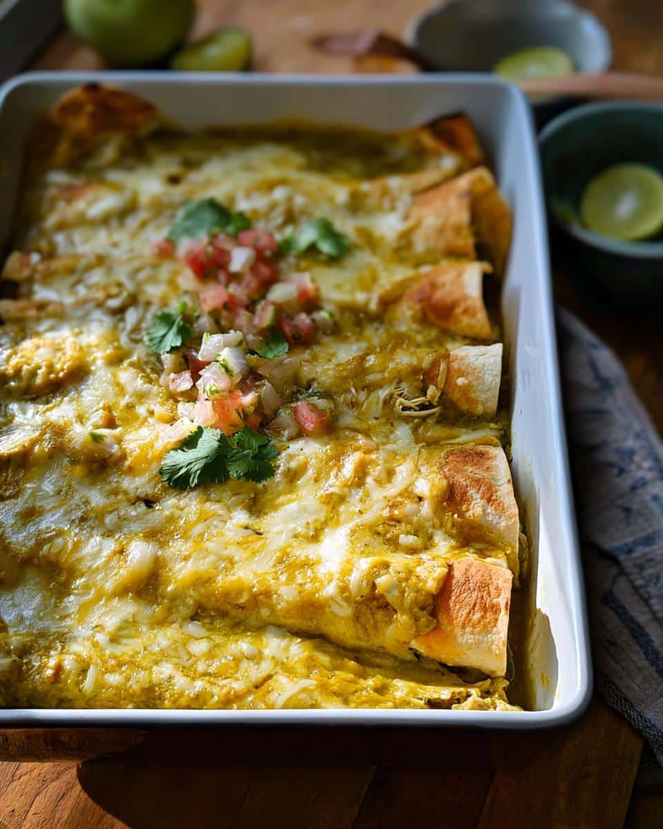A white baking dish filled with cheesy Green Chile Chicken Enchiladas topped with fresh pico de gallo.