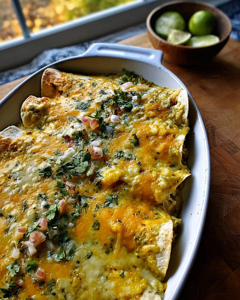 Close-up of baked Green Chile Chicken Enchiladas covered in melted cheddar and monterey jack cheese, topped with cilantro and diced onion.