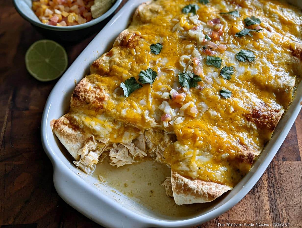 A white baking dish filled with baked Green Chile Chicken Enchiladas, topped with melted cheddar cheese and cilantro.