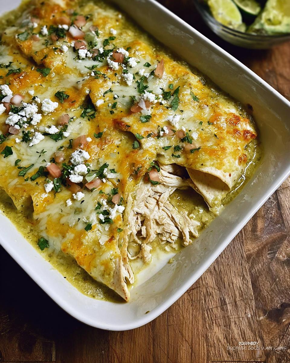 Close-up of baked Green Chile Chicken Enchiladas covered in melted cheese, crumbled cotija, and cilantro.