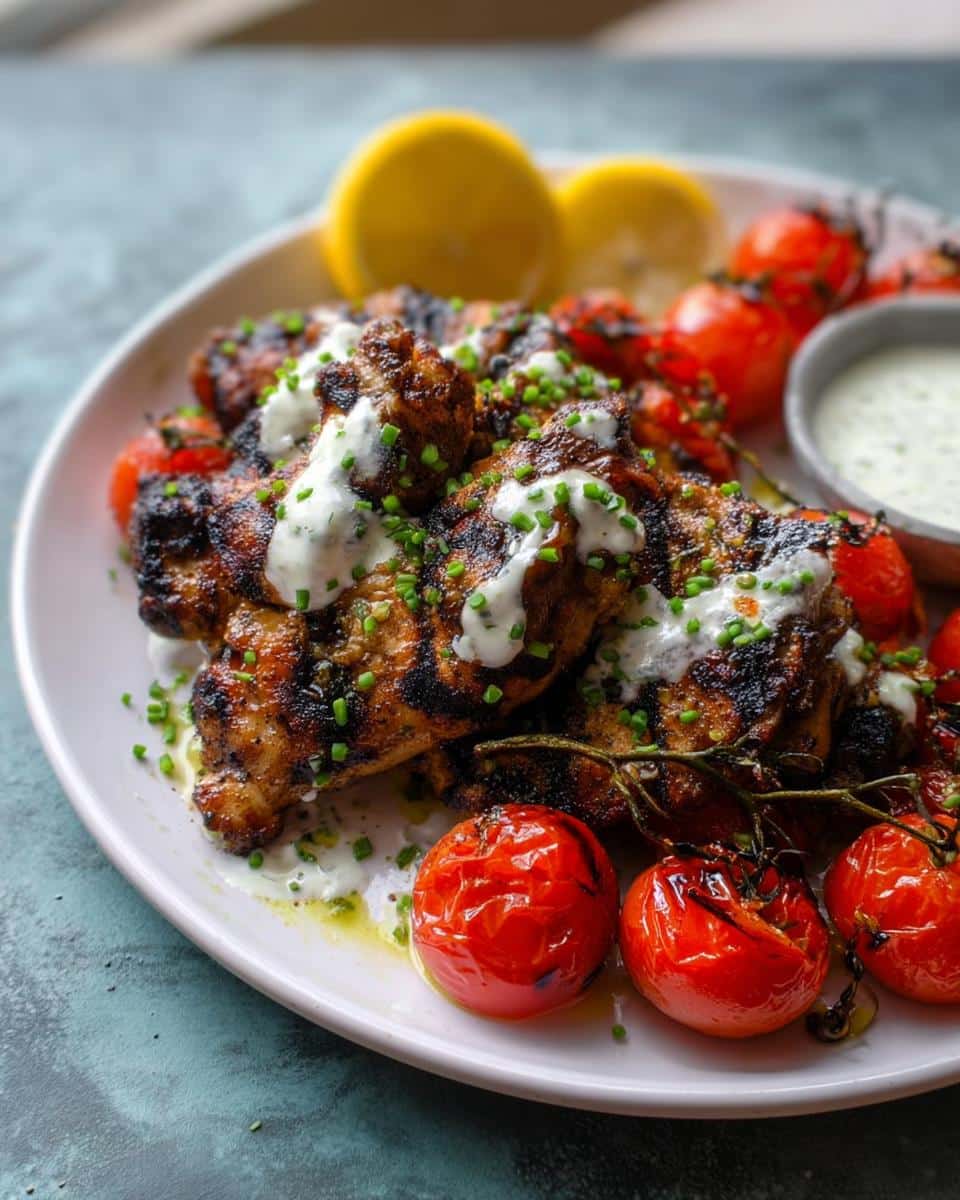 Close-up of perfectly Grilled Chicken with Lemon Yogurt Sauce, served with blistered tomatoes.