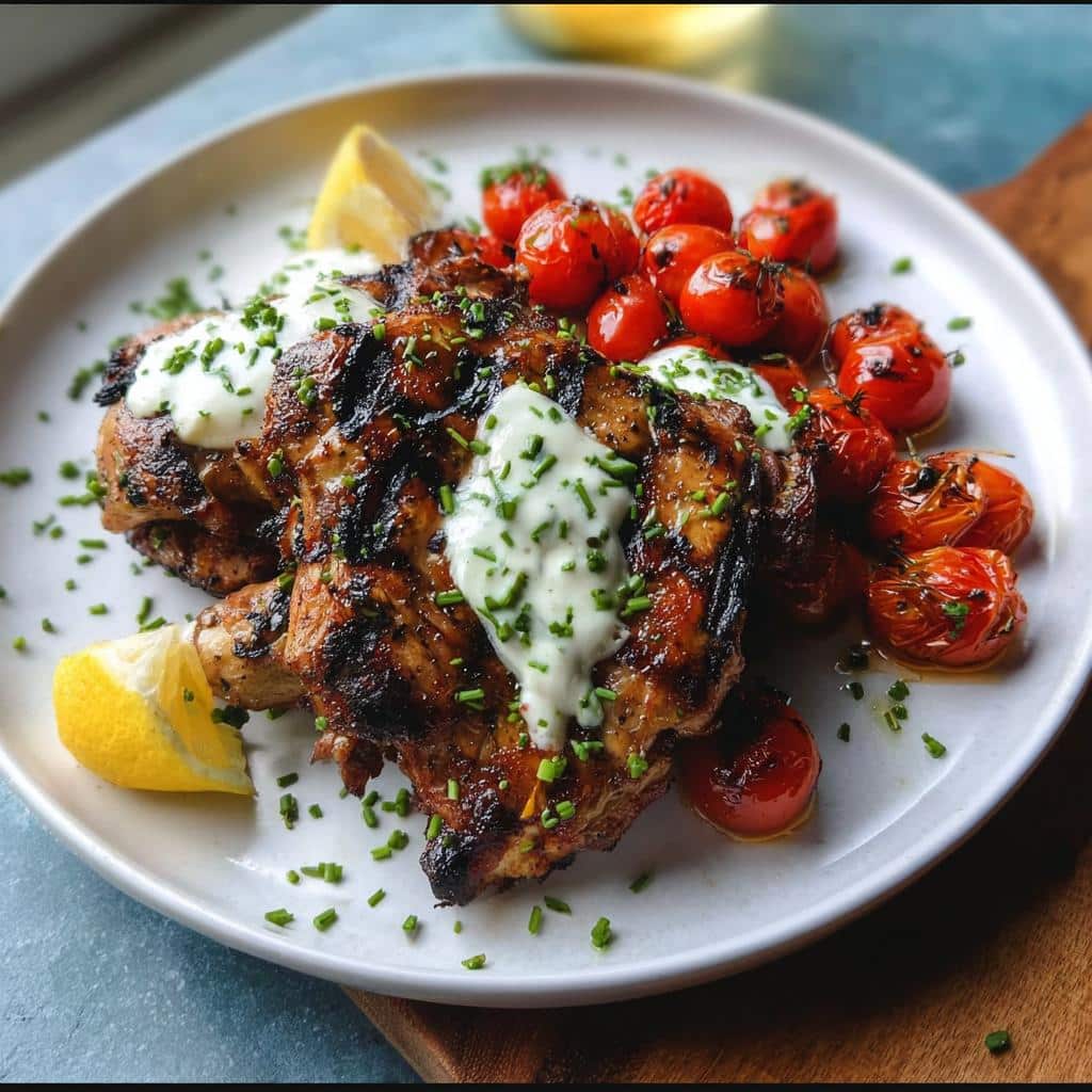 Two pieces of perfectly grilled chicken with char marks, topped with lemon yogurt sauce and chives, served with roasted tomatoes.