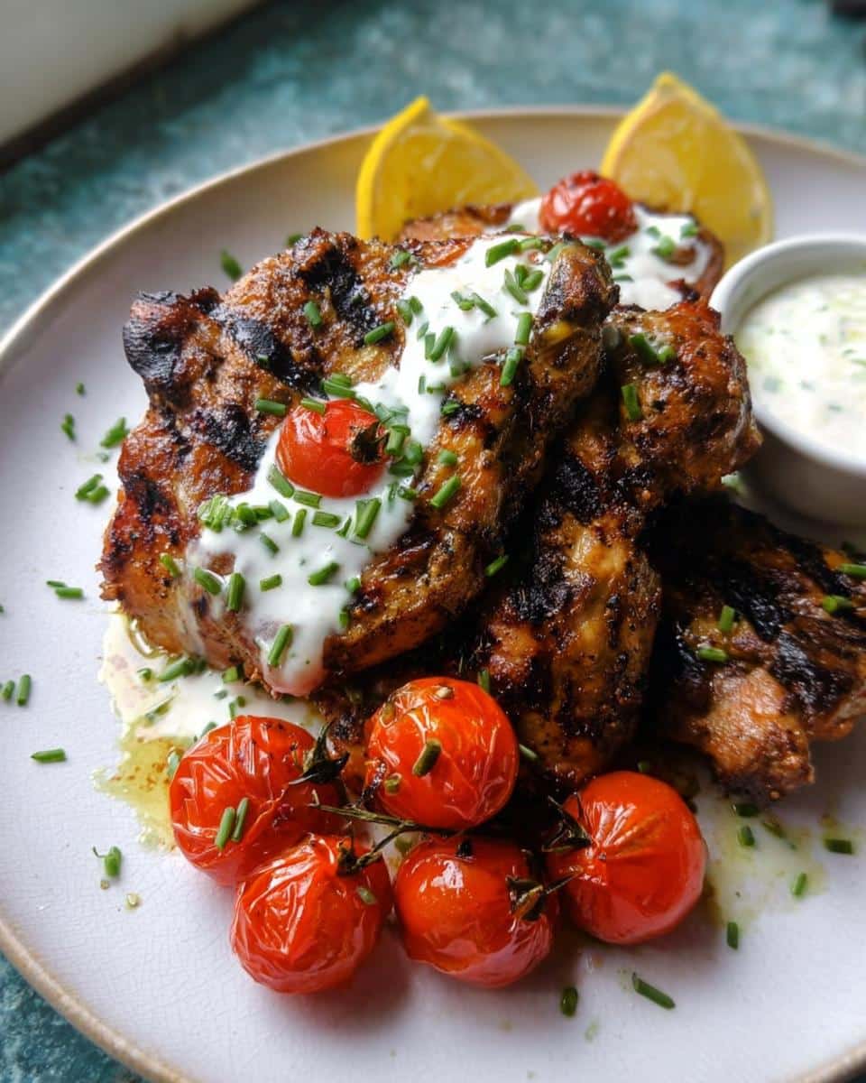Plated Grilled Chicken with Lemon Yogurt Sauce, garnished with blistered cherry tomatoes and chives.