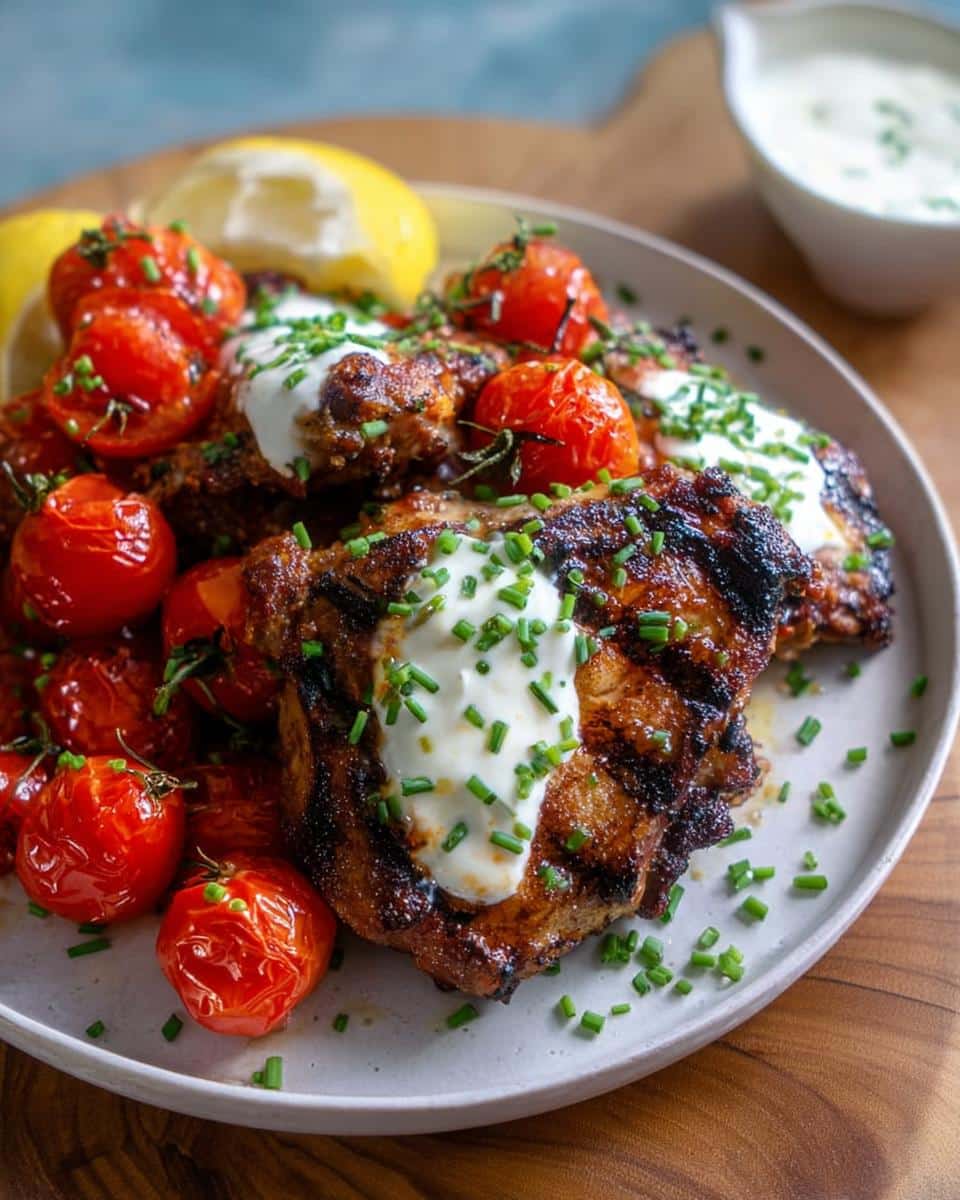 Two pieces of perfectly grilled chicken with char marks, topped with lemon yogurt sauce and chives, served with roasted tomatoes.