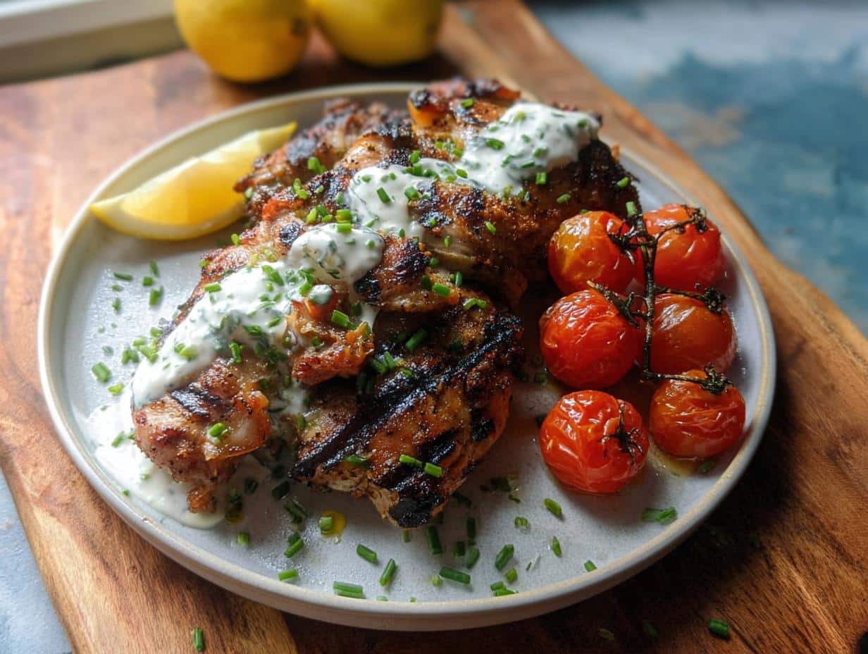 Grilled chicken thighs topped with lemon yogurt sauce and chives, served with roasted tomatoes.