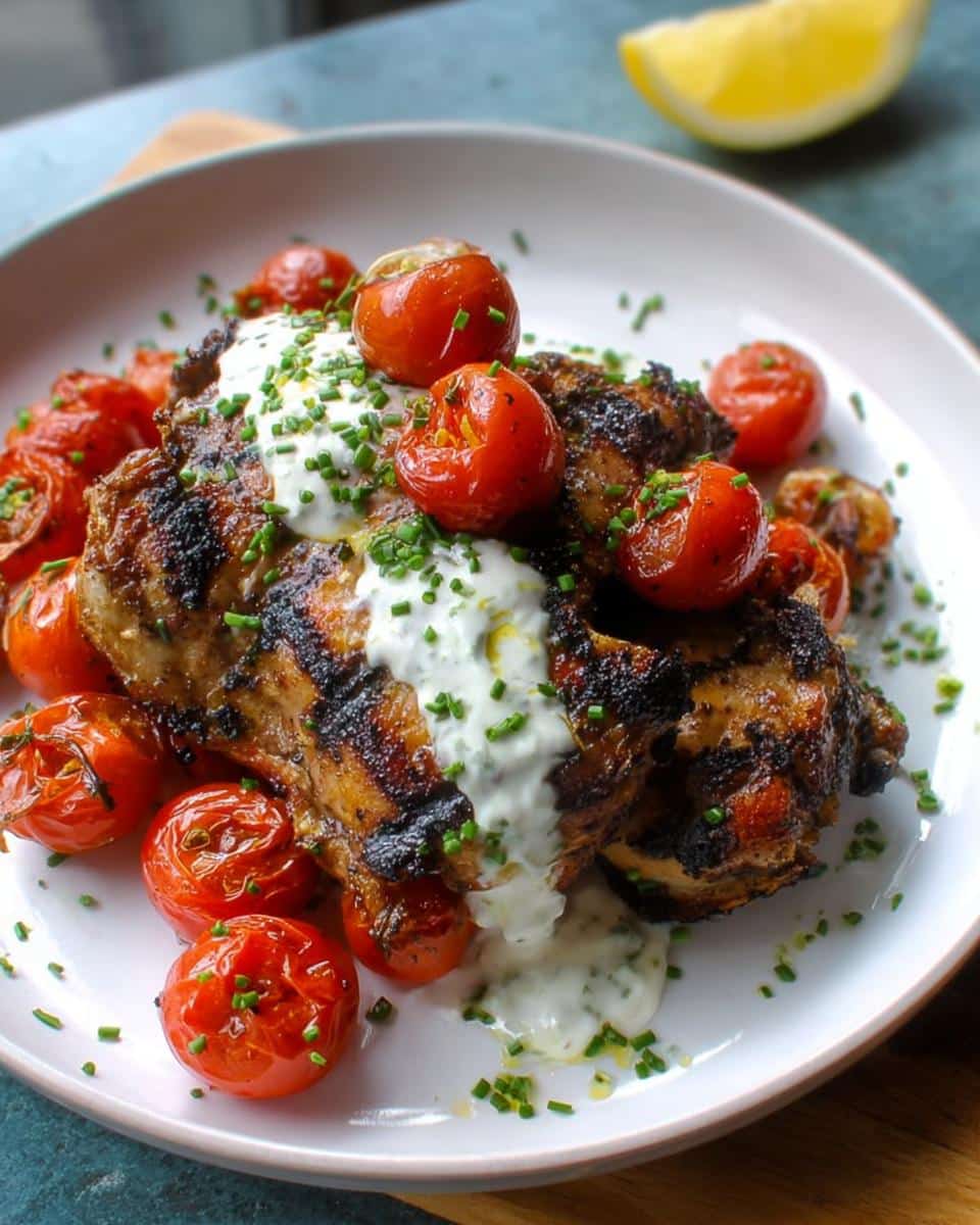 Close-up of Grilled Chicken with Lemon Yogurt Sauce, topped with roasted cherry tomatoes and chives.