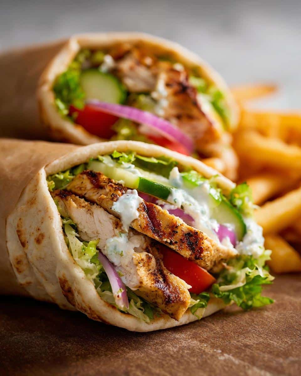 Close-up of a delicious Grilled Chicken Pita Wrap filled with sliced grilled chicken, lettuce, tomato, onion, cucumber, and tzatziki sauce.