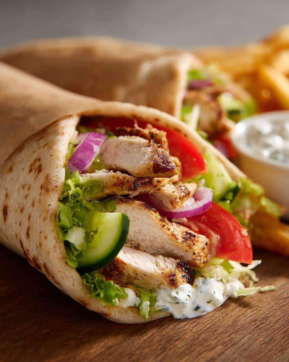 Close-up of a perfectly assembled Grilled Chicken Pita Wrap filled with sliced chicken, lettuce, tomato, onion, and tzatziki sauce.