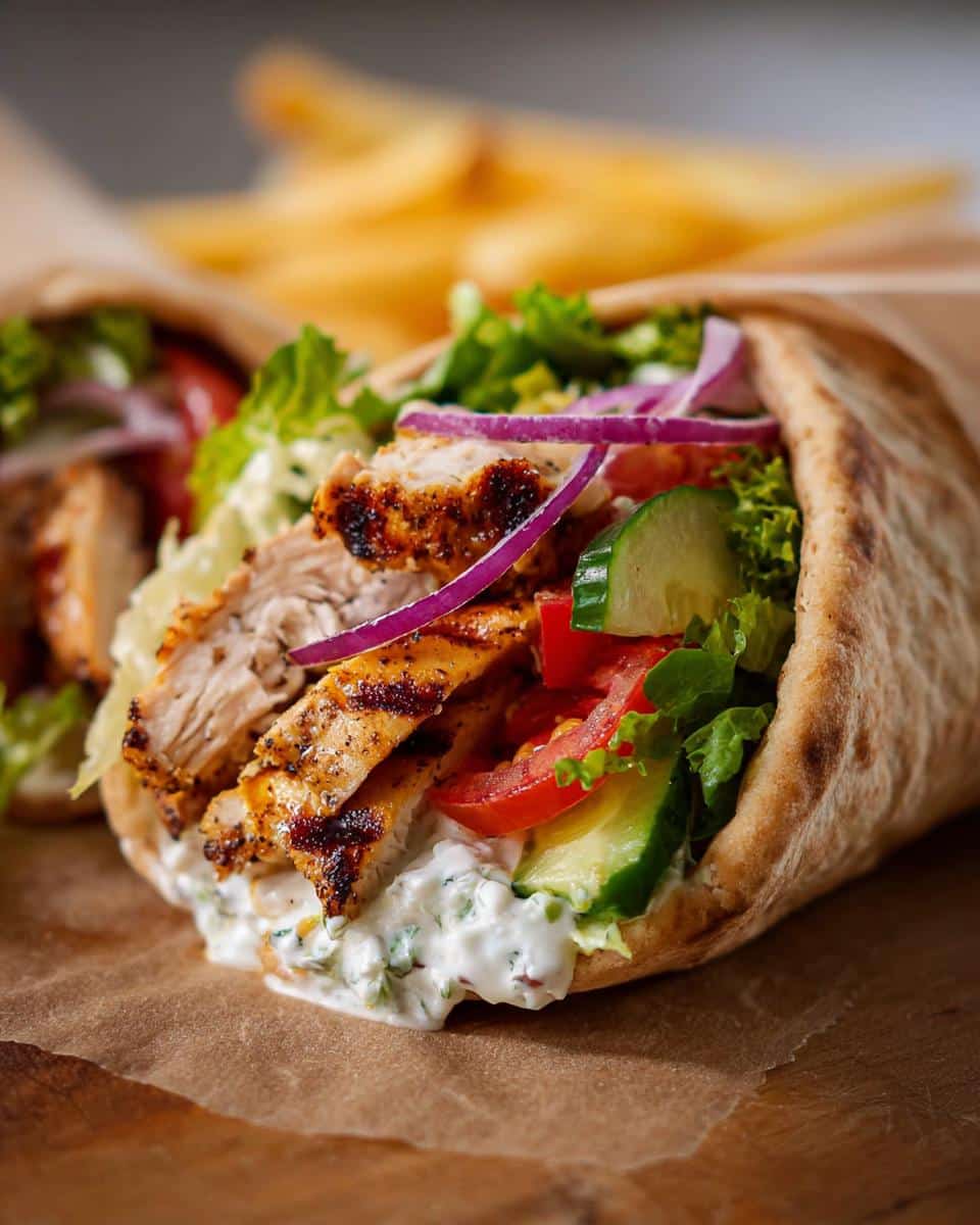 Close-up of a fully loaded Grilled Chicken Pita Wrap stuffed with seasoned chicken, fresh vegetables, and creamy sauce.