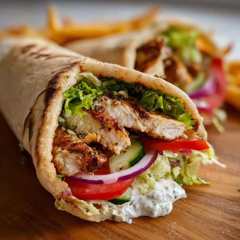 A close-up view of a perfectly assembled Grilled Chicken Pita Wrap filled with seasoned chicken, lettuce, tomato, onion, and tzatziki sauce.