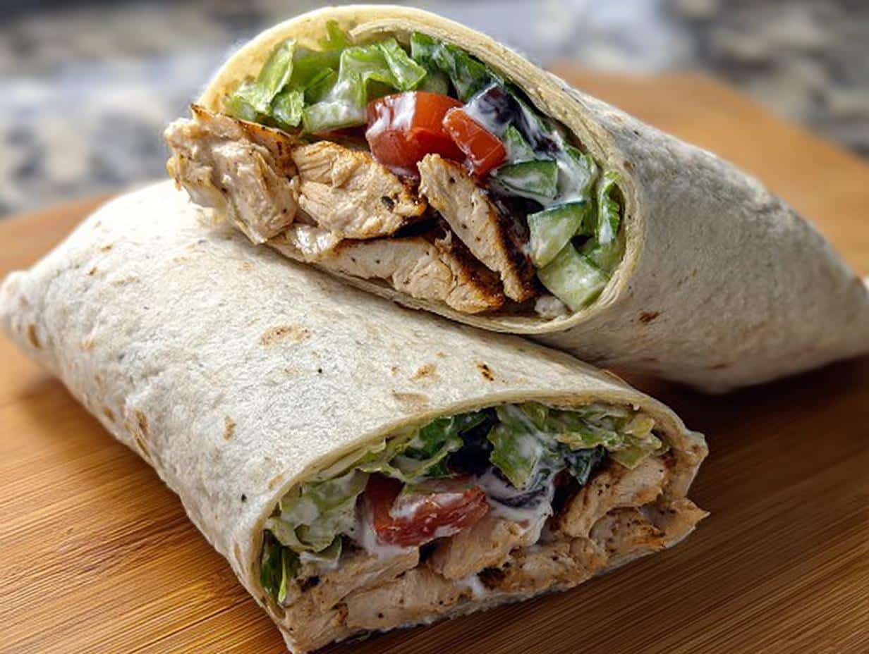 A close-up of a Grilled Chicken Wrap with Yogurt Sauce, cut in half to show grilled chicken, lettuce, tomato, and creamy sauce.