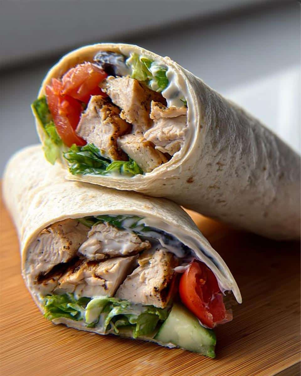 Two halves of a Grilled Chicken Wrap with Yogurt Sauce showing grilled chicken, lettuce, tomato, and creamy sauce.