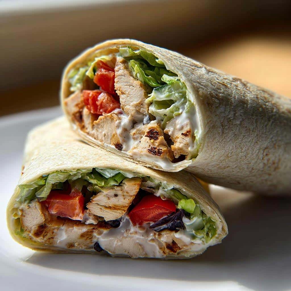 Cross-section view of a Grilled Chicken Wrap with Yogurt Sauce, showing grilled chicken, lettuce, tomatoes, and creamy sauce.