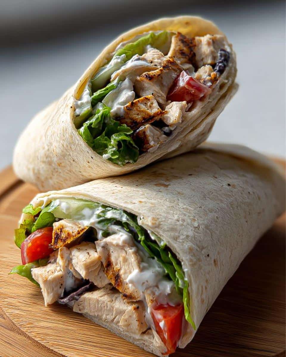 Two halves of a Grilled Chicken Wrap with Yogurt Sauce, filled with grilled chicken, lettuce, tomato, and creamy sauce, stacked on a wooden board.