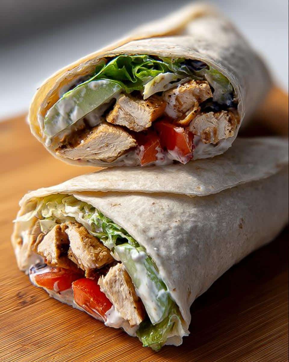 Two halves of a Grilled Chicken Wrap with Yogurt Sauce, showing seasoned chicken, lettuce, tomatoes, and creamy sauce.