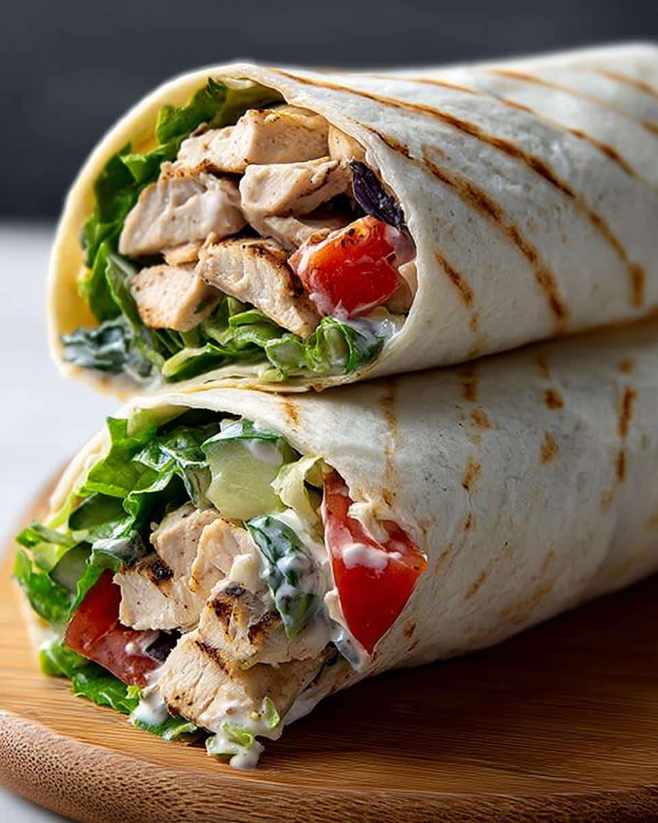 Two halves of a Grilled Chicken Wrap with Yogurt Sauce, filled with grilled chicken, lettuce, and tomatoes, stacked on a wooden board.