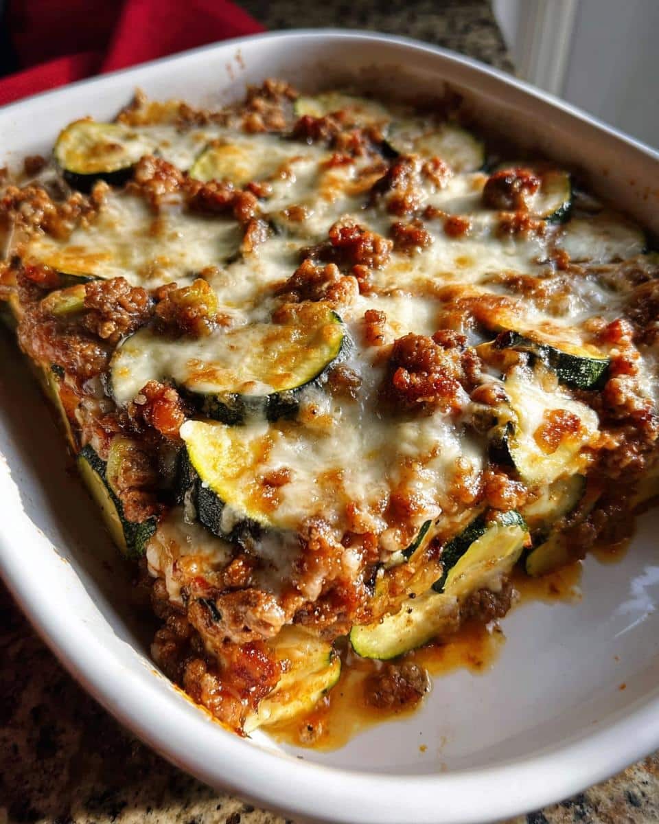 Close-up of a baked Ground Beef Zucchini Casserole in a white dish, topped with melted mozzarella cheese and meat sauce.