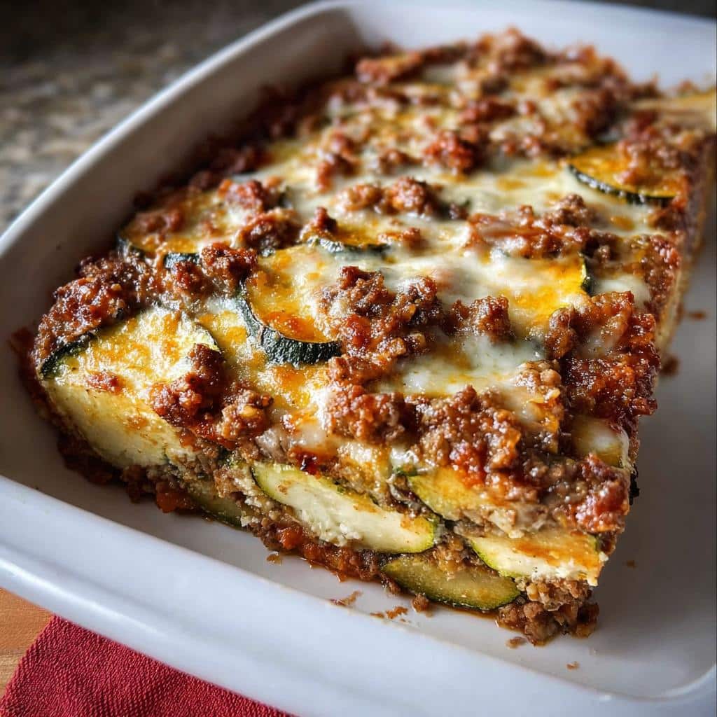 A close-up view of a baked Ground Beef Zucchini Casserole topped with melted cheese and rich meat sauce.