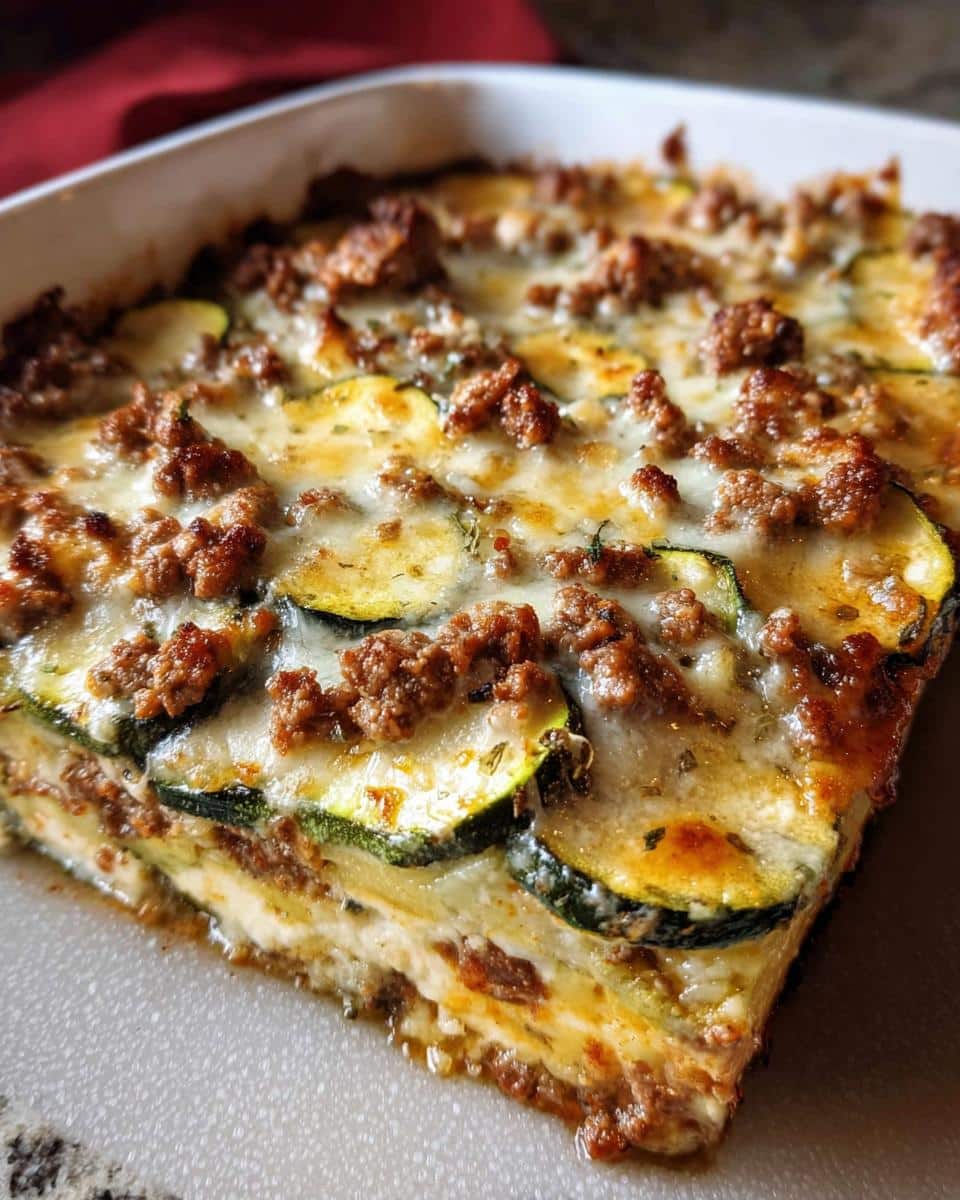 A close-up view of a baked slice of Ground Beef Zucchini Casserole topped with melted cheese and seasoned meat.