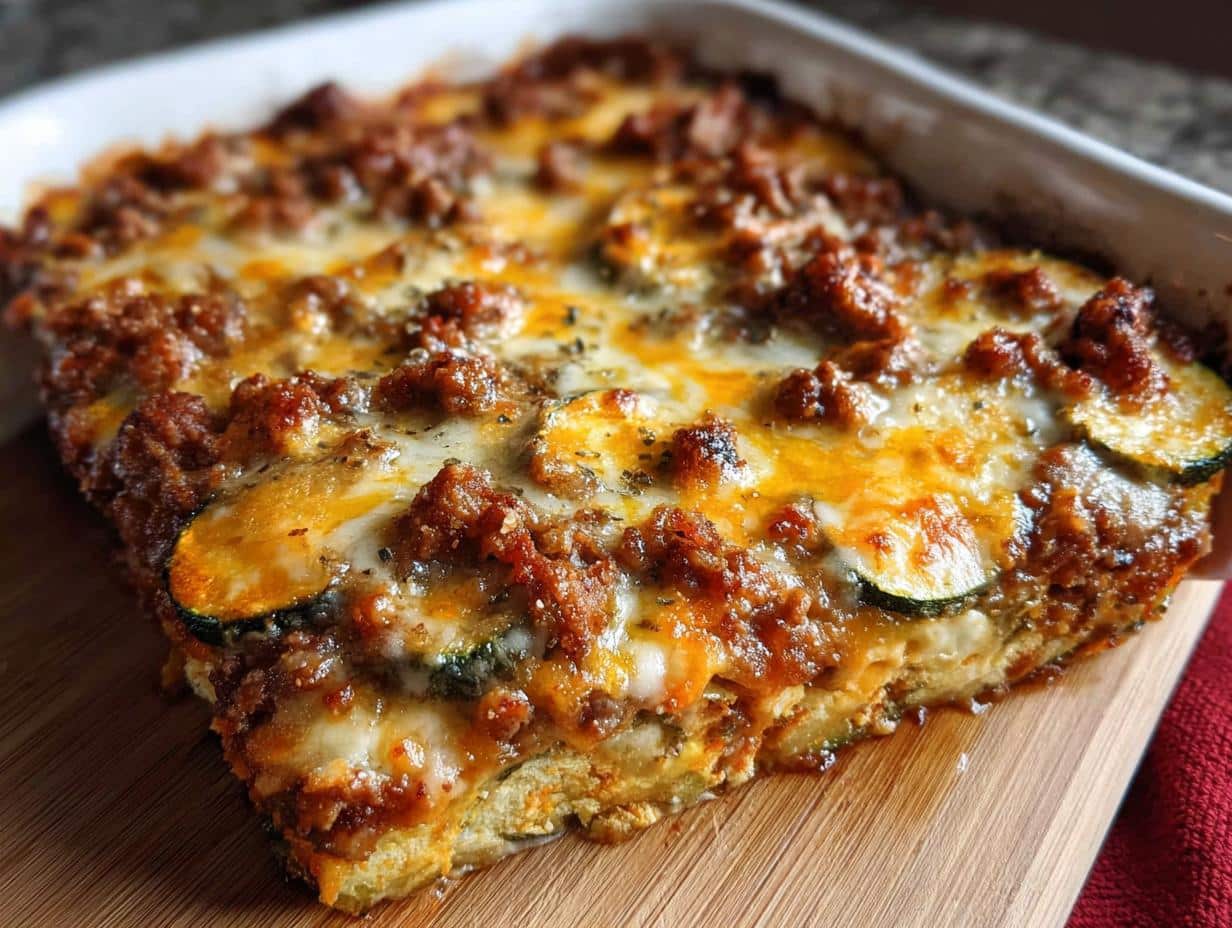 A close-up of a baked slice of Ground Beef Zucchini Casserole topped with melted cheese and meat sauce.