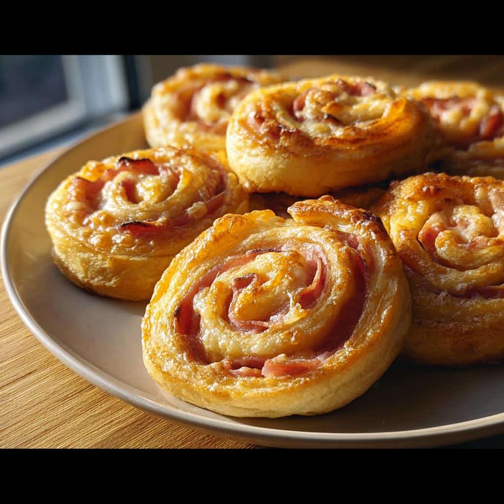 Close-up of golden, flaky pinwheels filled with ham and cheese, perfect for a 5-Ingredient Breakfast Bake.