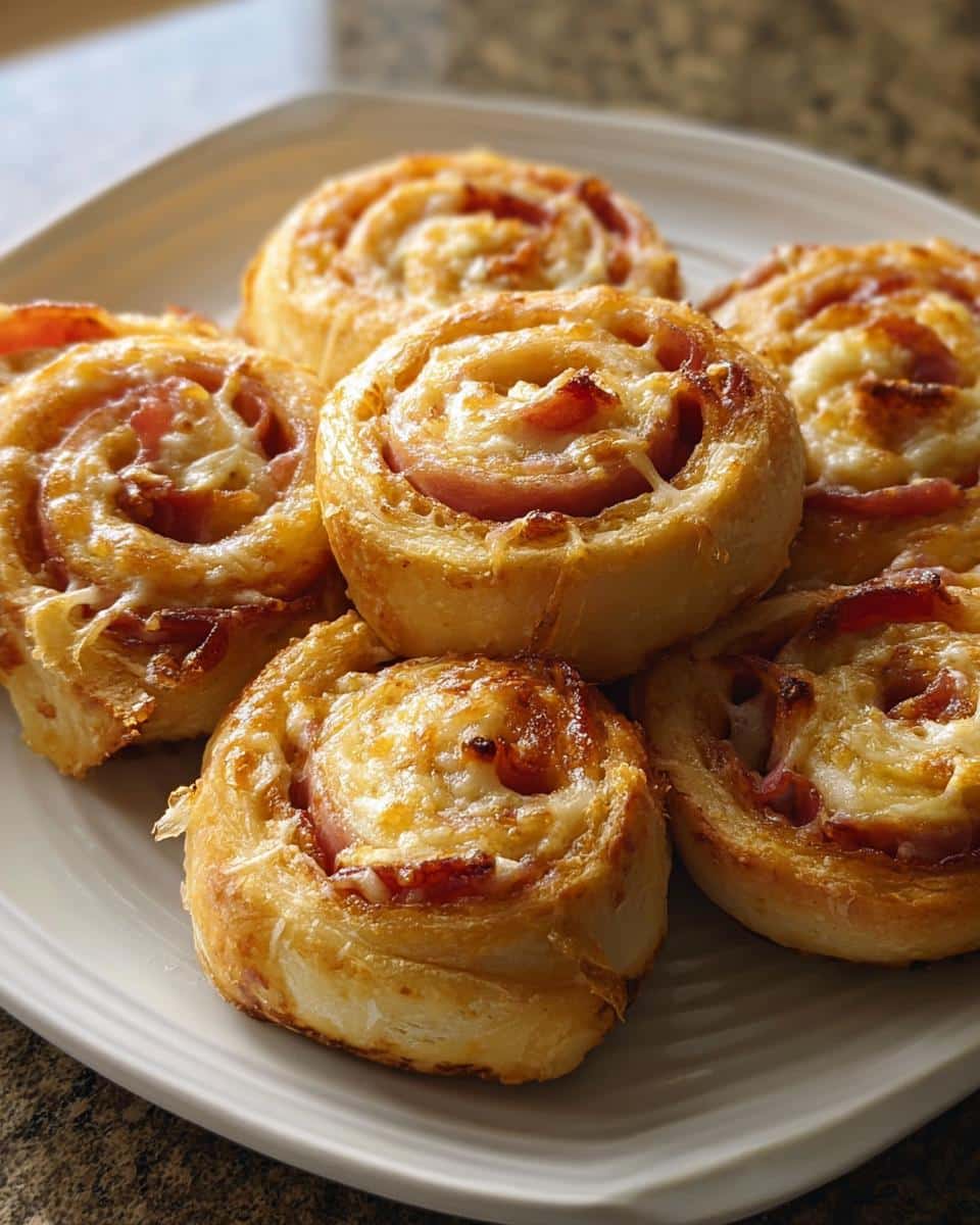 Golden baked ham and cheese pinwheels served on a white plate, perfect for a 5-Ingredient Breakfast Bake.